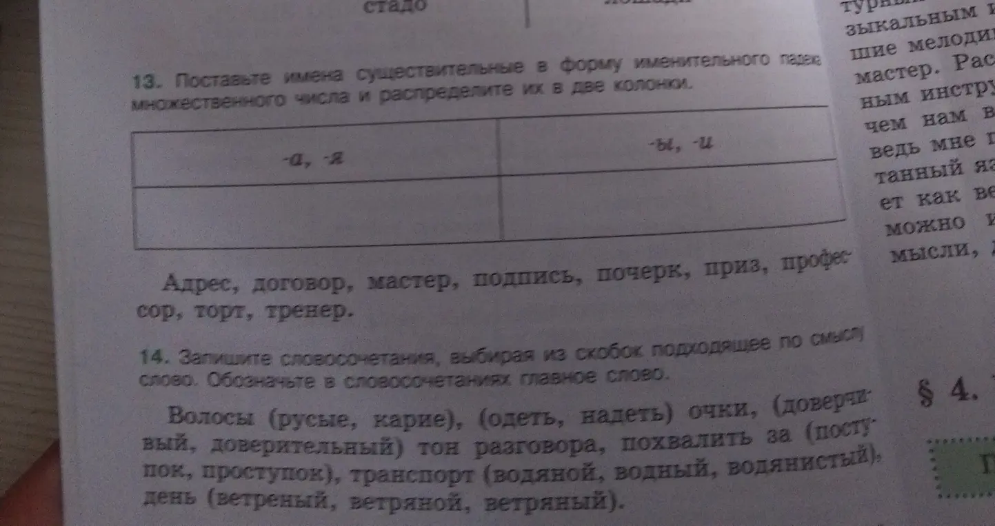 Поставь имена существительные в форму именительного падежа множественного числа и распредели их в две колонки.