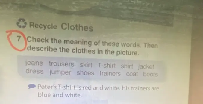 Проверь значение слов (jeans, trousers, skirt) и опиши одежду на картинке.