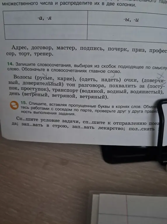 Запиши словосочетания, выбирая из скобок подходящее по смыслу слово: Волосы (русые, карие).