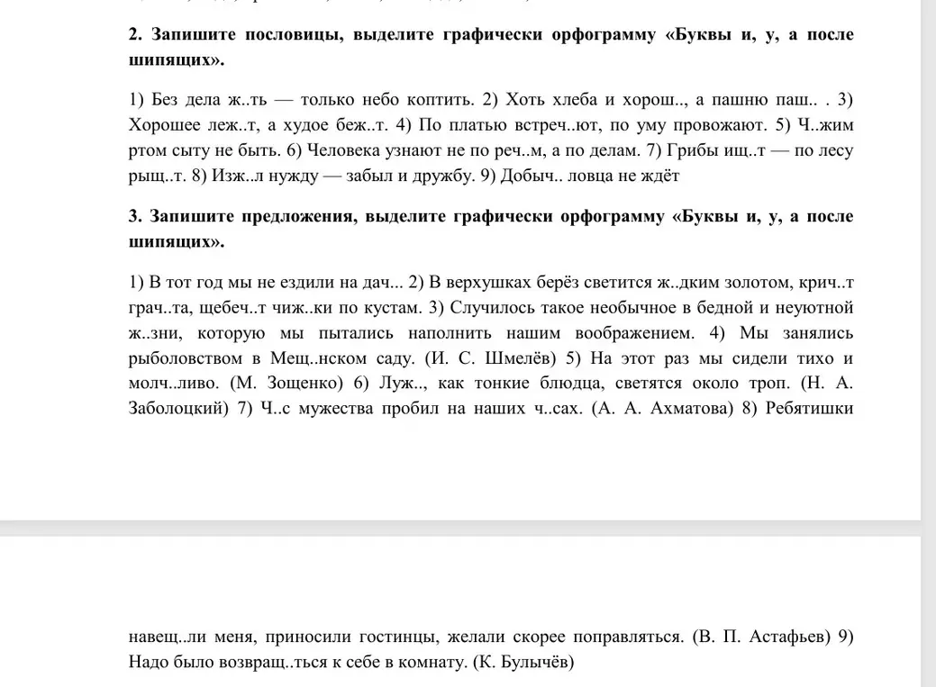 Запиши пословицы, выдели графически орфограмму «Буквы и, у, а после шипящих».