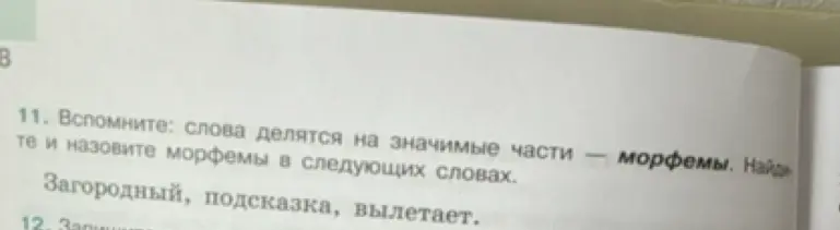 Назовите морфемы в следующих словах: Загородный, подсказка, вылетает.