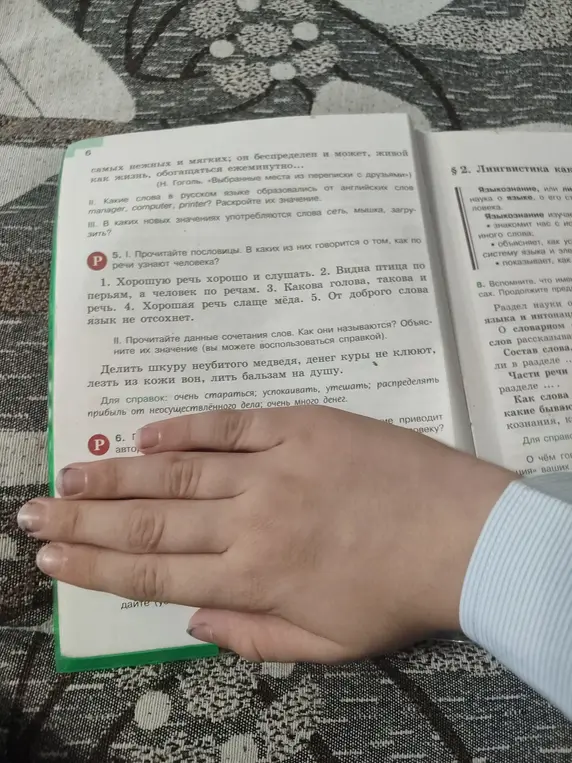Прочитай пословицы и определи, в каких из них говорится о том, как по речи узнают человека, а также объясни значение сочетаний слов: 'делить шкуру неубитого медведя', 'денег куры не клюют', 'лезть из кожи вон', 'лить бальзам на душу'