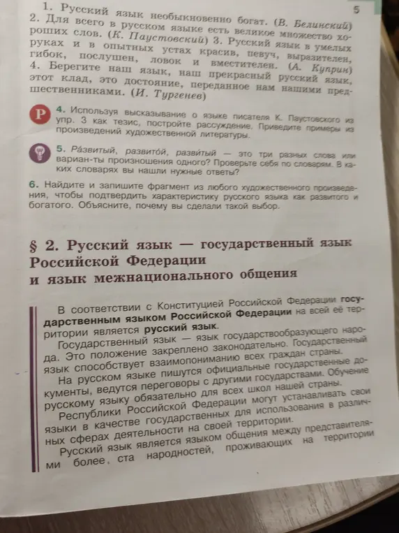 Используй высказывание о языке писателя К. Паустовского из упр. 3 как тезис, построй рассуждение. Приведи примеры из произведений художественной литературы.