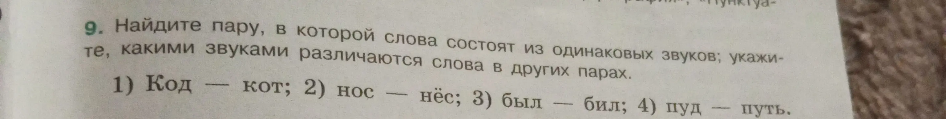 Найди пару, в которой слова состоят из одинаковых звуков; укажи, какими звуками различаются слова в других парах.