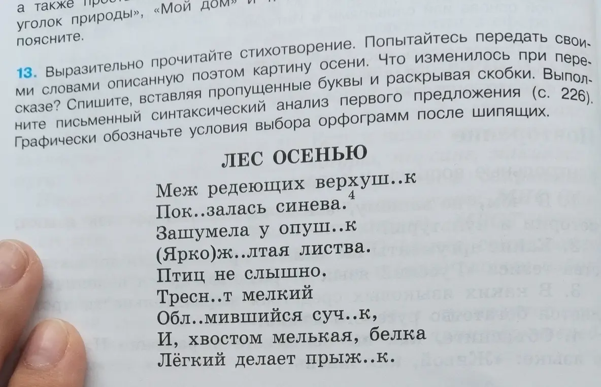 Выразительно прочитай стихотворение «Лес осенью», объясни, что изменилось при пересказе, вставь пропущенные буквы, сделай синтаксический анализ первого предложения и графически обозначь условия выбора орфограмм после шипящих