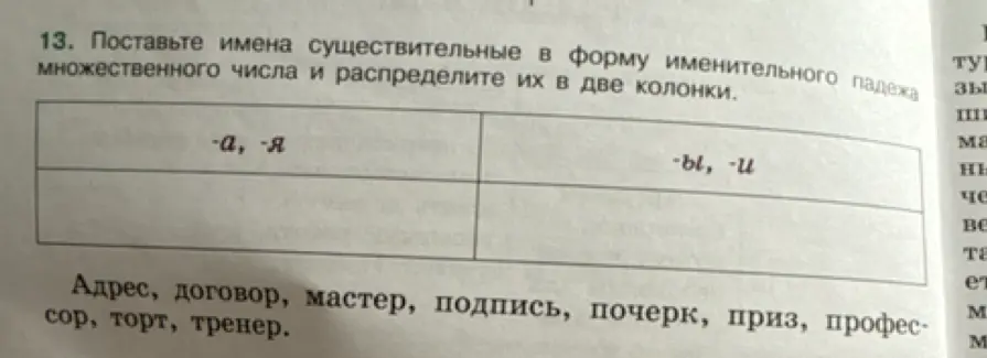 Поставь имена существительные в форму именительного падежа множественного числа и распредели их в две колонки.