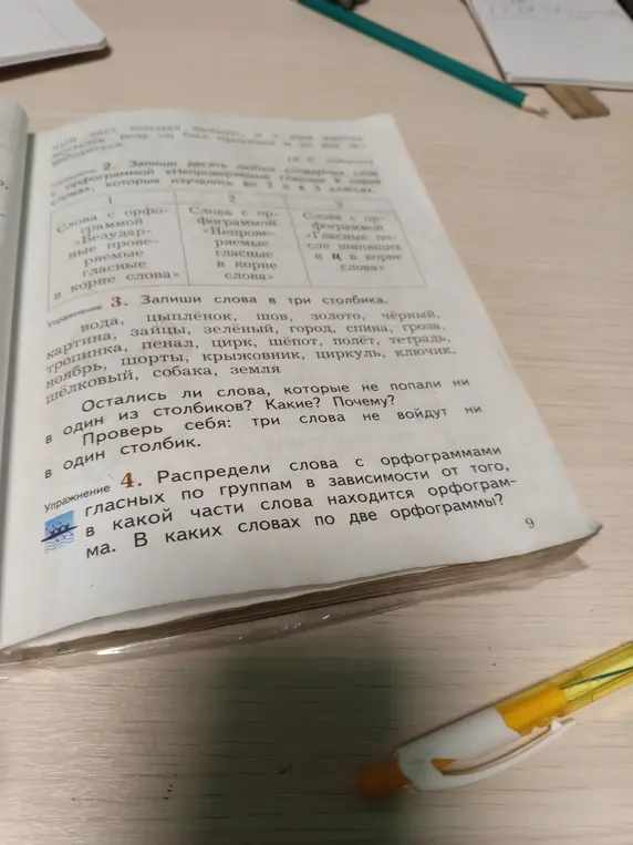 Распредели слова в три столбика и определи, какие слова не попали ни в один столбик, а также распредели слова с орфограммами гласных по группам в зависимости от того, в какой части слова находится орфограмма и укажи слова, в которых по две орфограммы.
