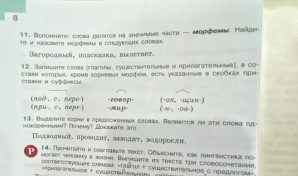 Назови морфемы в словах "загородный", "подсказка", "вылетает".