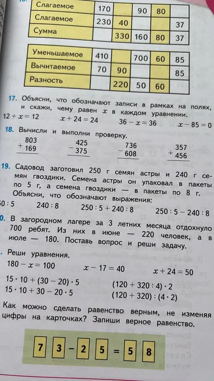 Объясни и скажи, чему равен x в каждом уравнении: 12 + x = 12