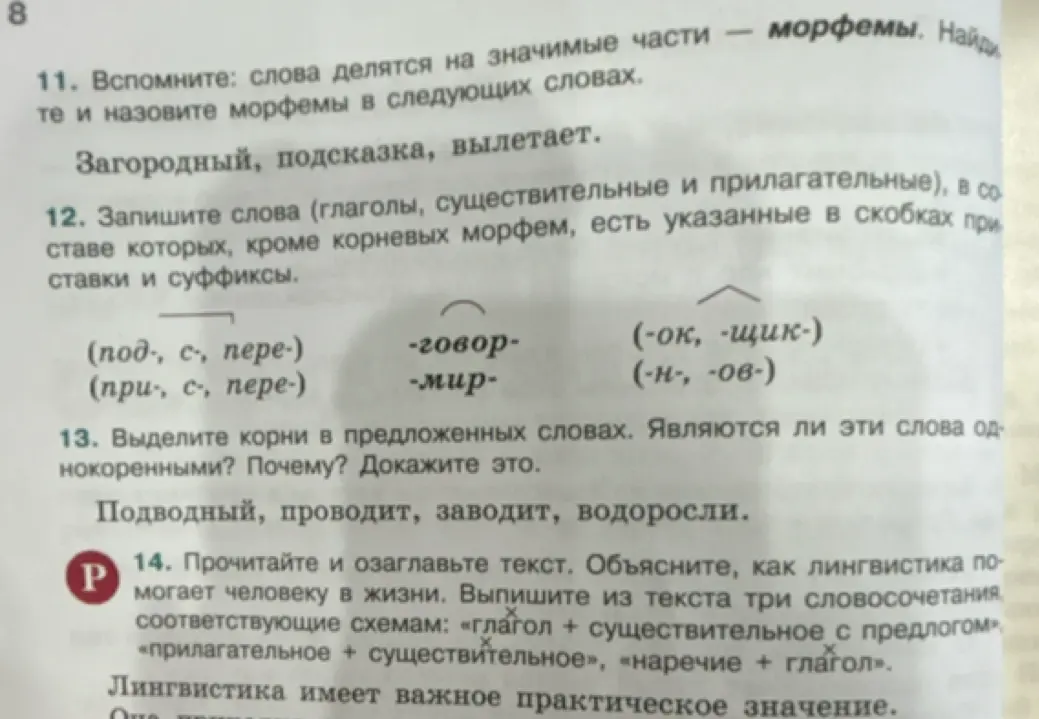 Назови морфемы в следующих словах: Загородный, подсказка, вылетает.