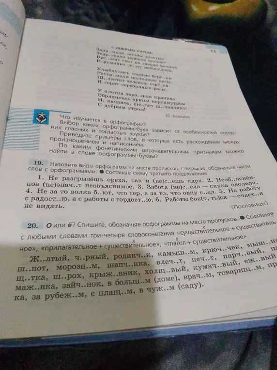 Назови виды орфограмм на месте пропусков, списывая и обозначая части слов с орфограммами, и составь схему третьего предложения, а также вставь пропущенные буквы о или ё, обозначив орфограммы.