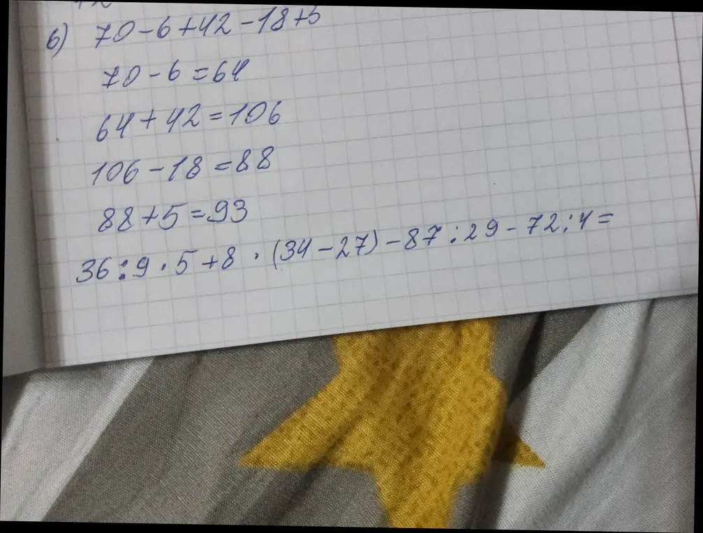 Вычисли значение выражения 36:9 * 5 + 8 * (34-27) - 87:29 - 72:4