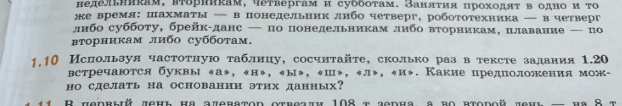Используя частотную таблицу, сосчитай, сколько раз в тексте задания 1.10 встречаются буквы «а», «Н», «ы», «ш», «л», «и» и какие предположения можно сделать на основании этих данных?