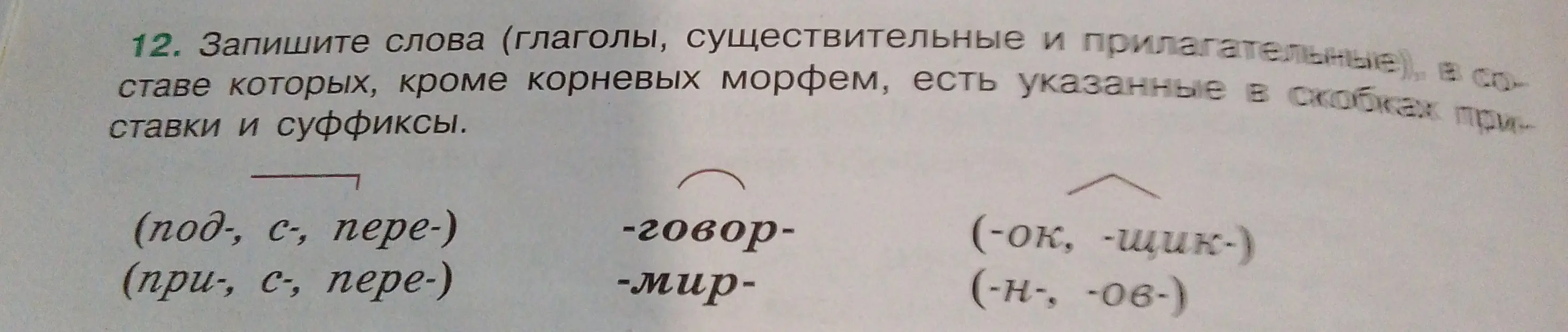 Запиши слова (глаголы, существительные и прилагательные), в составе которых, кроме корневых морфем, есть указанные в скобках приставки и суффиксы