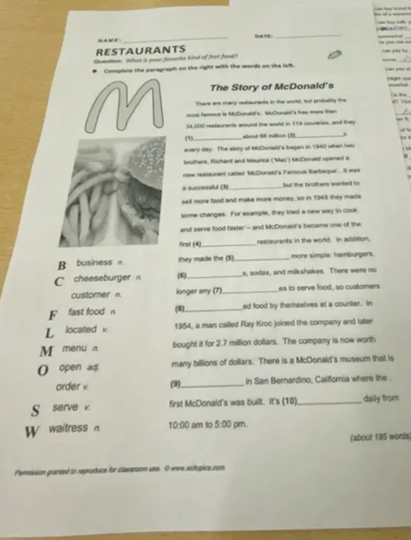 Дополни пропуски в тексте "The Story of McDonald's" словами из списка