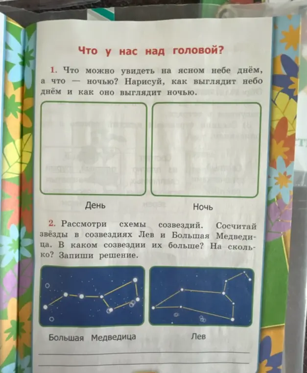 Что можно увидеть на ясном небе днём, а что — ночью? Нарисуй, как выглядит небо днём и как оно выглядит ночью.