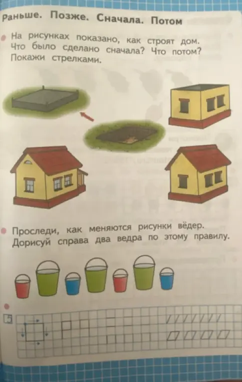 Нарисуй стрелками последовательность как строят дом