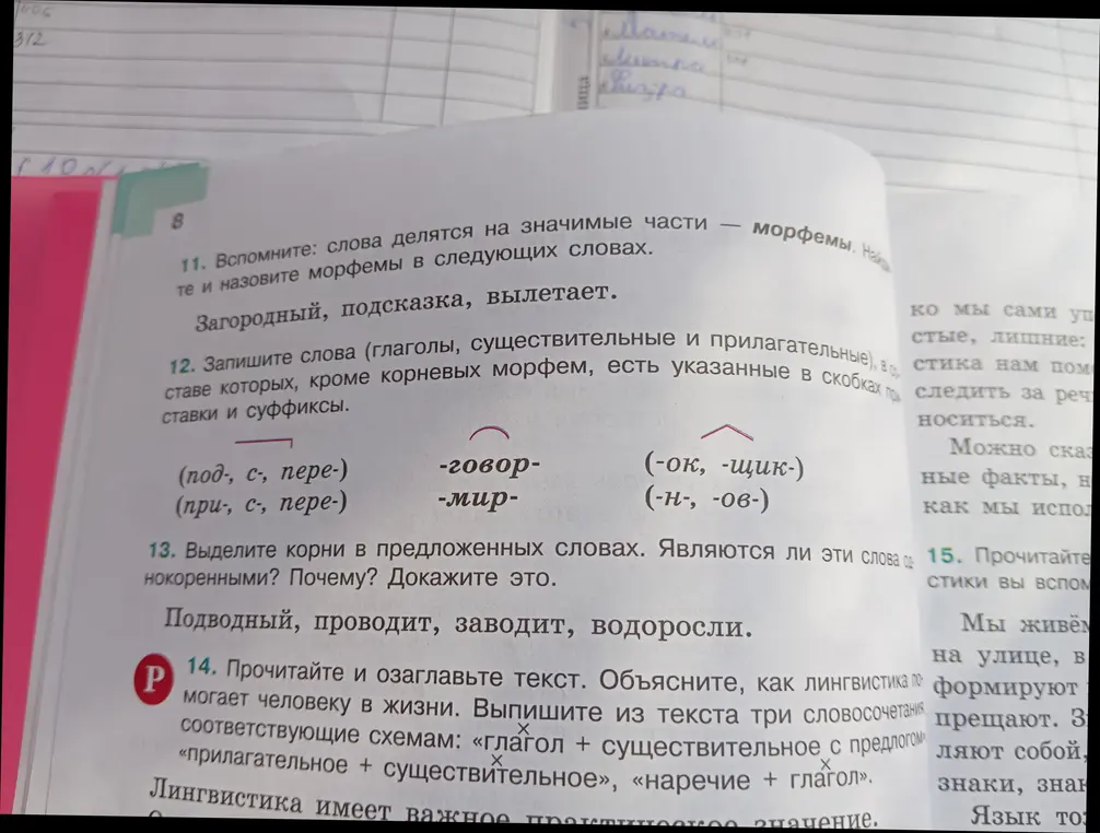 Назови морфемы в словах: загородный, подсказка, вылетает.