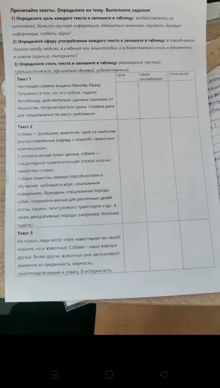 Прочитай тексты, определи их тему, выполни задания и заполни таблицу