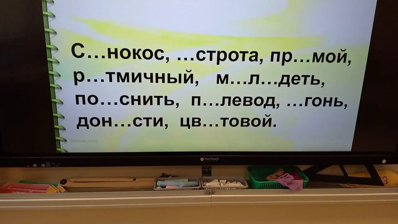 Вставь пропущенные буквы в словах: С...нокос, ...строта, пр...мой, р...тмичный, м...л...деть, по...снить, п...левод, ...гонь, дон...сти, цв...товой.