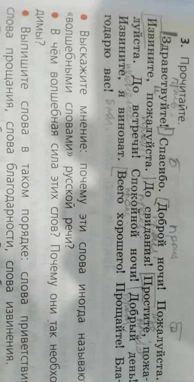 Выпиши слова в таком порядке: слова приветствия, слова благодарности, слова прощания, слова извинения.