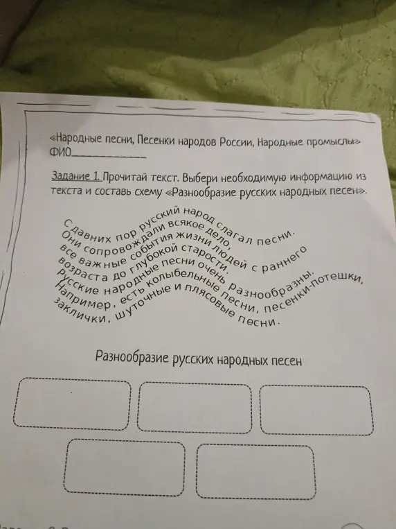 Прочитай текст, выбери необходимую информацию и составь схему «Разнообразие русских народных песен»