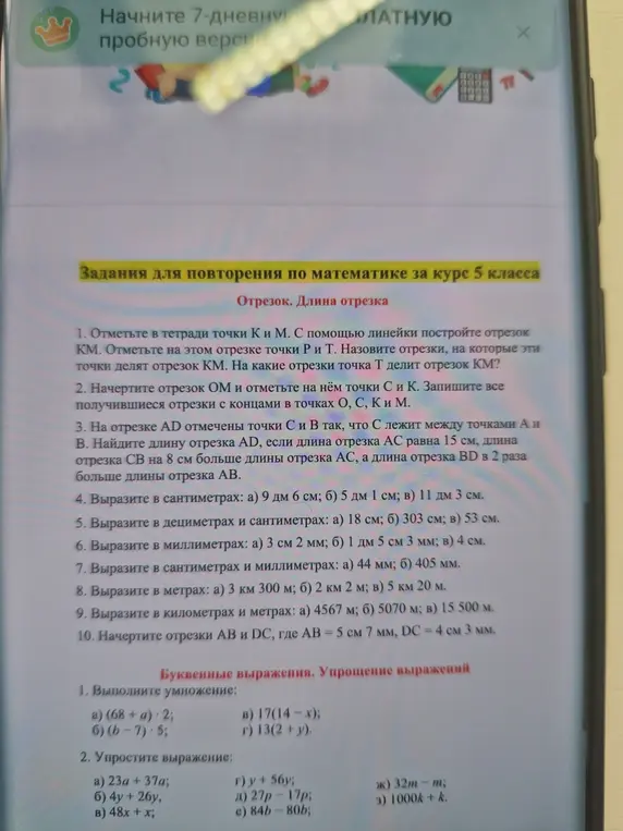 Выполни задания по математике из раздела "Отрезок. Длина отрезка" и "Буквенные выражения. Упрощение выражений"