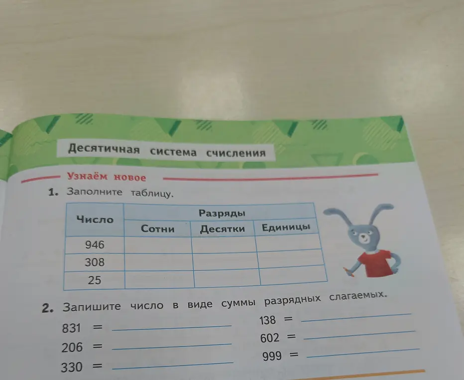 Заполни таблицу, разложив числа на сотни, десятки и единицы, и запиши числа в виде суммы разрядных слагаемых.