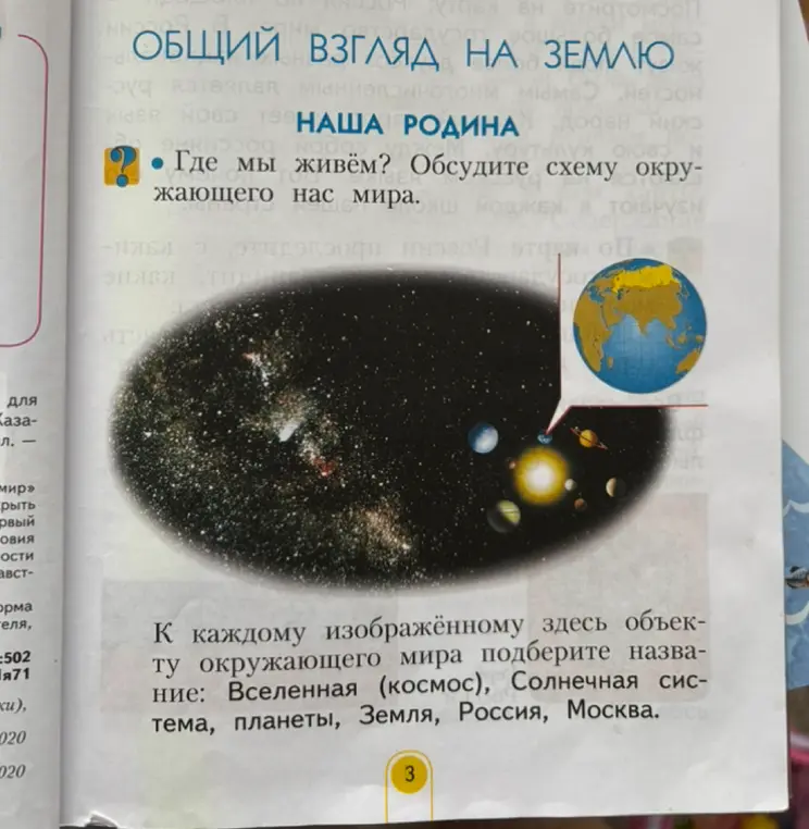 К каждому изображённому здесь объекту окружающего мира подбери названия: Вселенная (космос), Солнечная система, планеты, Земля, Россия, Москва.