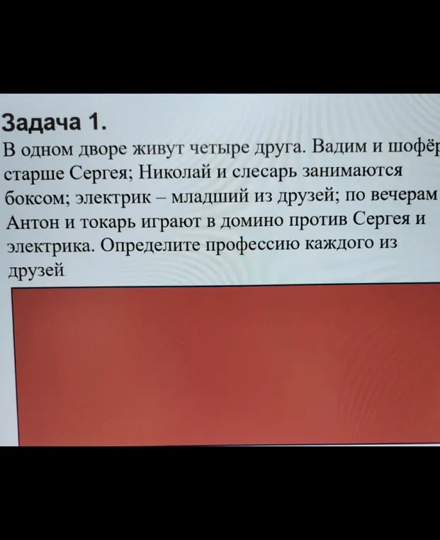 Определи профессию каждого из друзей: Вадима, Сергея, Николая и Антона, зная, что Вадим и шофёр старше Сергея; Николай и слесарь занимаются боксом; электрик — младший из друзей; по вечерам Антон и токарь играют в домино против Сергея и электрика.