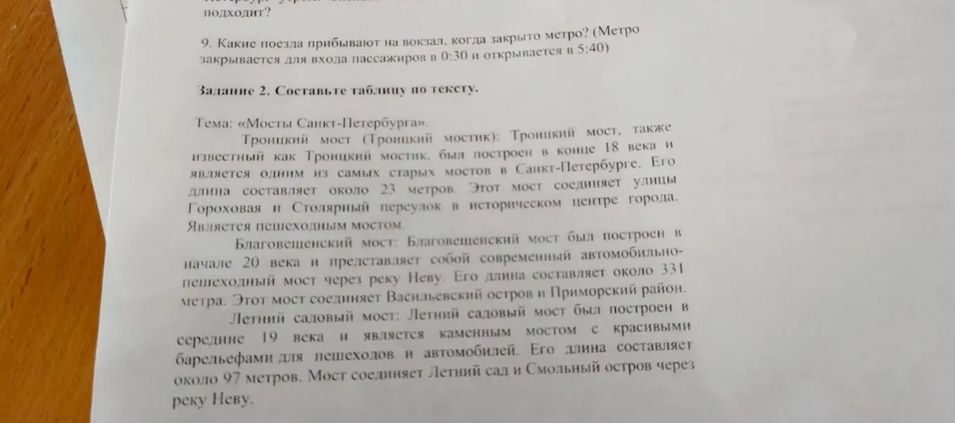 Составь таблицу по тексту «Мосты Санкт-Петербурга»