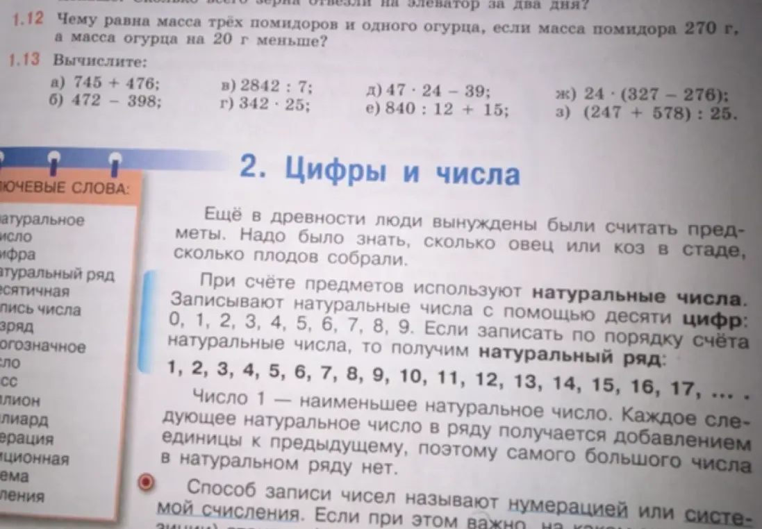 Чему равна масса трёх помидоров и одного огурца, если масса помидора 270 г, а масса огурца на 20 г меньше? Вычисли следующие примеры: 745 + 476, 472 - 398, 2842 : 7, 342 * 25, 47 * 24 - 39, 840 : 12 + 15, 24 * (327 - 276), (247 + 578) : 25