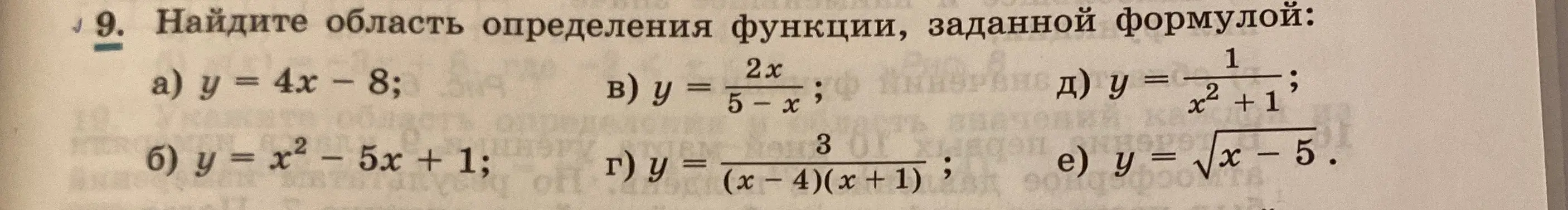 Найди область определения функций, заданных формулами: а) y = 4x - 8; б) y = x² - 5x + 1; в) y = 2x / (5 - x); г) y = 3 / ((x - 4)(x + 1)); д) y = 1 / (x² + 1); е) y = √(x - 5)