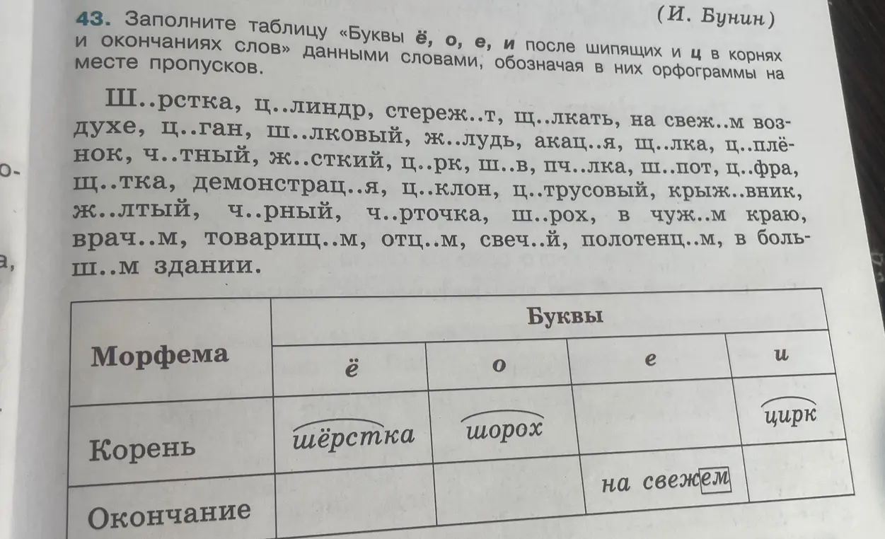 Заполни таблицу «Буквы ё, о, е, и после шипящих и ц в корнях и окончаниях слов» данными словами, обозначая в них орфограммы на месте пропусков.