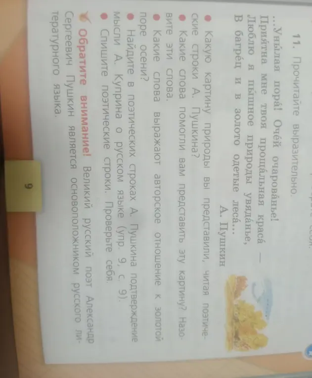 Прочитай выразительно стихотворение А. Пушкина и ответь на вопросы: Какую картину природы я представил(-а), читая эти строки? Какие слова помогли мне представить эту картину? Какие слова выражают авторское отношение к золотой поре осени? Найди в поэтических строках А. Пушкина подтверждение мысли А. Куприна о русском языке. Спиши поэтические строки.