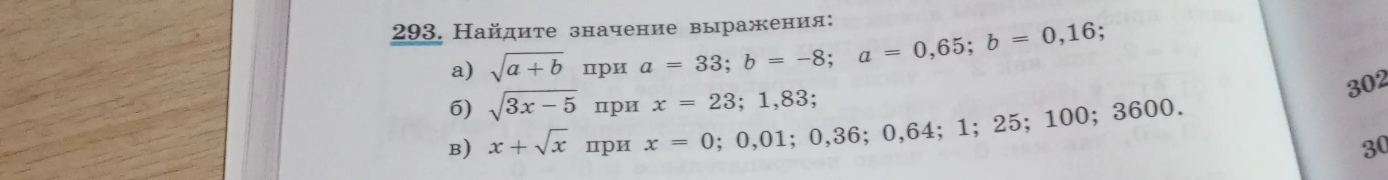 Найди значение выражения $\sqrt{a+b}$ при $a=33$; $b=-8$; $a=0,65$; $b=0,16$; $\sqrt{3x-5}$ при $x=23$; $1,83$; $x+\sqrt{x}$ при $x=0$; $0,01$; $0,36$; $0,64$; $1$; $25$; $100$; $3600$.