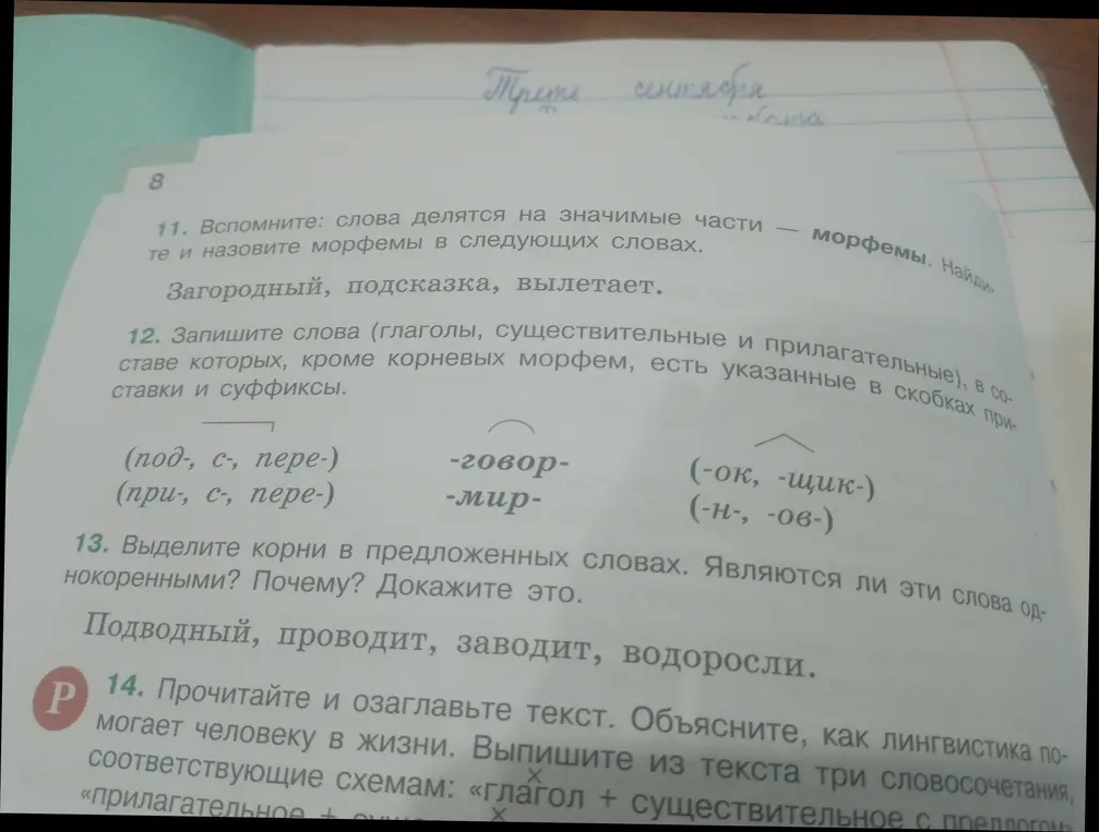 Найди и назови морфемы в словах "Загородный", "подсказка", "вылетает"; запиши слова, в составе которых, кроме корневых морфем, есть указанные в скобках приставки и суффиксы; выдели корни в словах "Подводный", "проводит", "заводит", "водоросли" и скажи, являются ли эти слова однокоренными