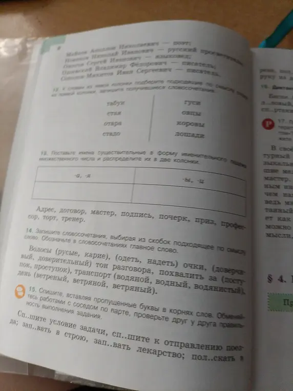 Подбери подходящие по смыслу слова из правой колонки к словам из левой, поставь имена существительные в форму именительного падежа множественного числа и распредели их по колонкам, запиши словосочетания, выбирая подходящее по смыслу слово из скобок, и обозначь главное слово, спиши, вставляя пропущенные буквы в корнях слов.