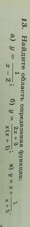 Найдите область определения функций: а) y = 1/(x-2); б) y = (2x+3)/(x(x+1)); в) y = 1/(x+5)