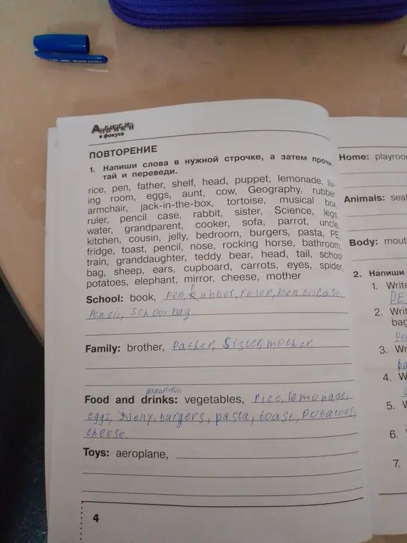 Напиши слова в нужной строчке и переведи их