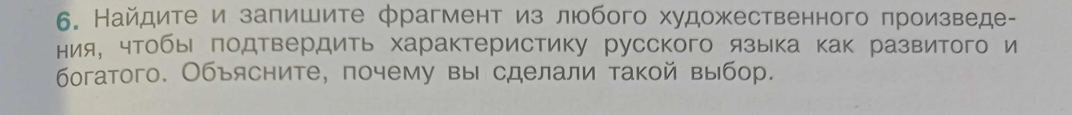 Найди и запиши фрагмент из любого художественного произведения, чтобы подтвердить характеристику русского языка как развитого и богатого.