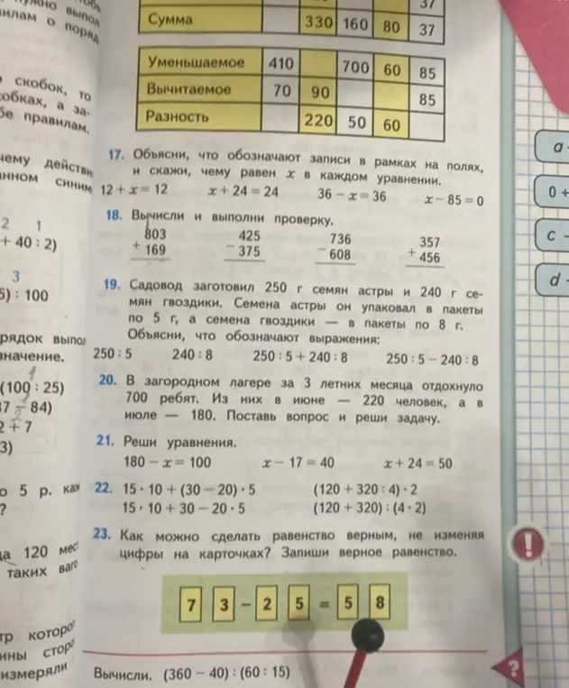 Объясни, что обозначают записи в рамках на полях, и скажи, чему равен x в каждом уравнении 12 + x = 12