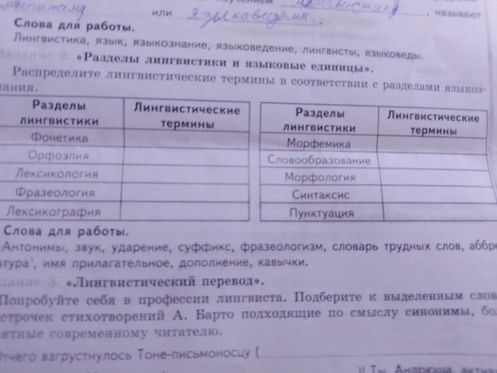 Распредели лингвистические термины в соответствии с разделами языкознания и подбери к выделенным словам стихотворений А. Барто подходящие по смыслу синонимы