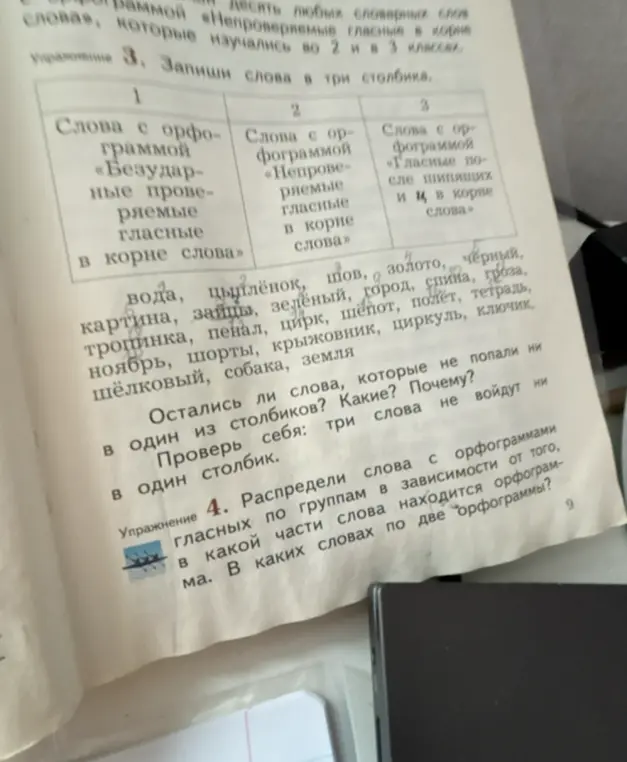 Распредели слова в три столбика согласно орфограммам и найди слова с двумя орфограммами