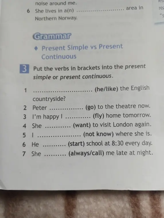 Надо поставить глаголы в скобках в Present Simple или Present Continuous: "(he/like) the English countryside?"