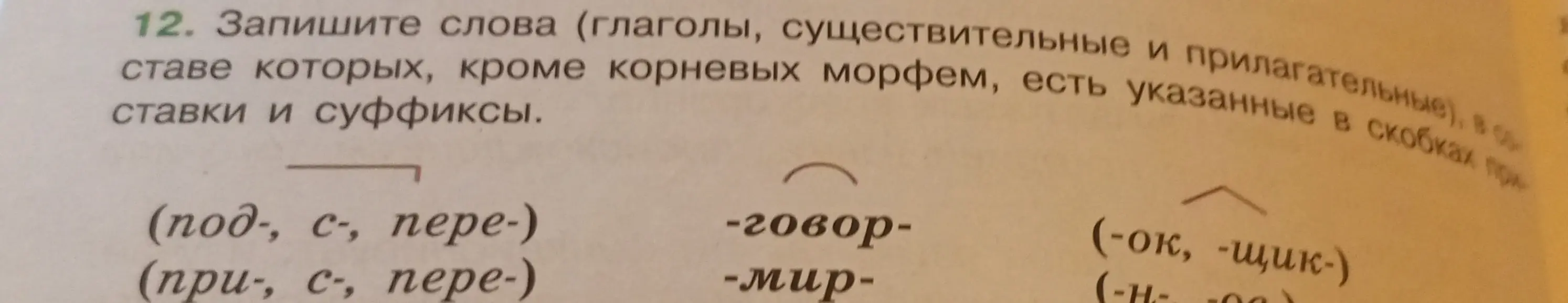 Запиши слова (глаголы, существительные и прилагательные), в составе которых, кроме корневых морфем, есть указанные в скобках приставки и суффиксы.