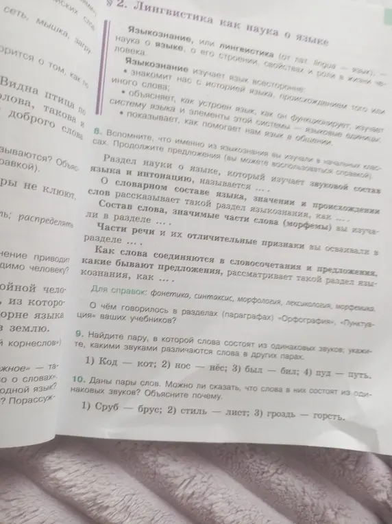 Продолжи предложения о разделах языкознания и скажи, о чем говорилось в «Орфографии» и «Пунктуации». Также, найди пару слов, состоящих из одинаковых звуков, и объясни различия в других парах. И последнее, можно ли сказать, что слова в парах "Сруб — брус", "Стиль — лист" и "Гроздь — горсть" состоят из одинаковых звуков? Объясни почему.