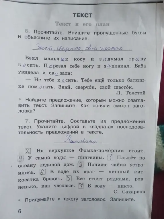 Ты просишь в 6 задании вписать пропущенные буквы и объяснить их написание, а также найти предложение, которым можно озаглавить текст. В 7 задании - составить из предложений текст и придумать к тексту заголовок.
