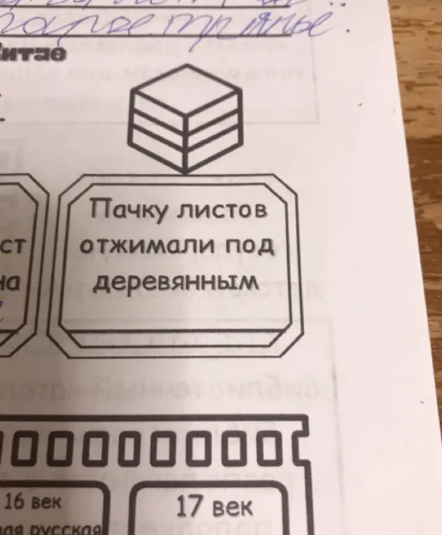 Расскажи, что означает надпись на картинке: "Пачку листов отжимали под деревянным"