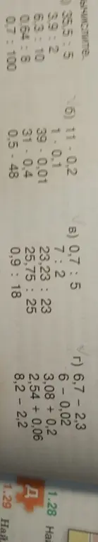 Реши примеры: 6,7 - 2,3; 11-0,2; 0,7:5